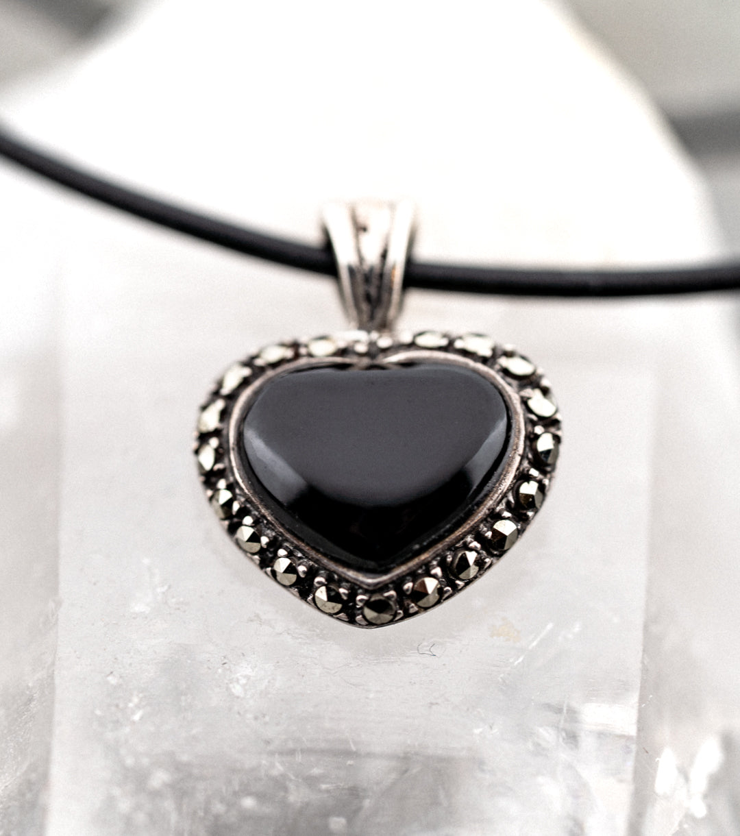 Onyx, Marcasite & 925 Silver Black Heart & Black Leather necklace