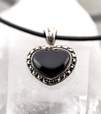 Onyx, Marcasite & 925 Silver Black Heart & Black Leather necklace