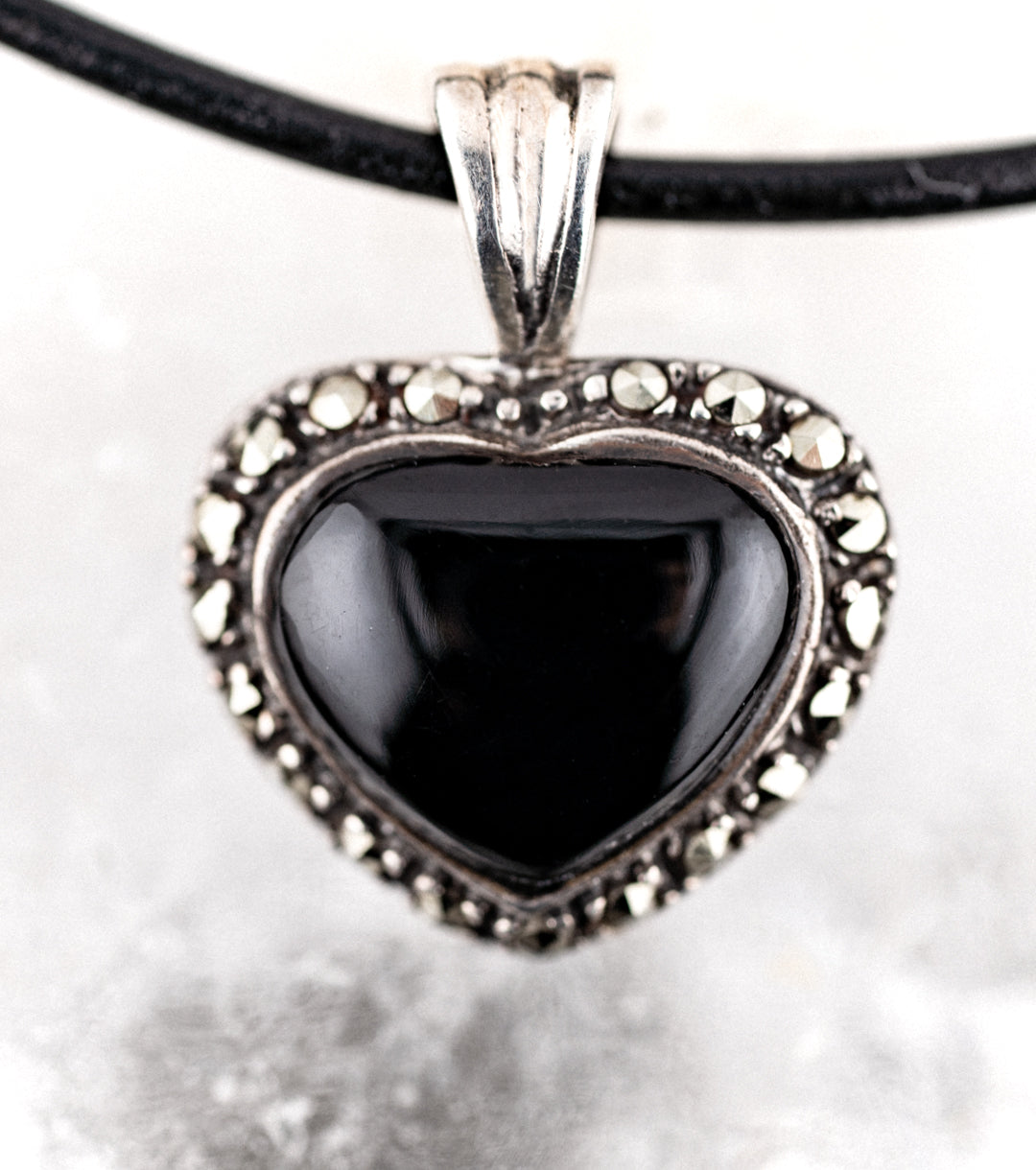 Onyx, Marcasite & 925 Silver Black Heart & Black Leather necklace