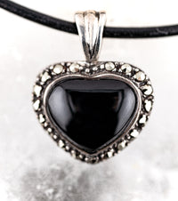 Onyx, Marcasite & 925 Silver Black Heart & Black Leather necklace