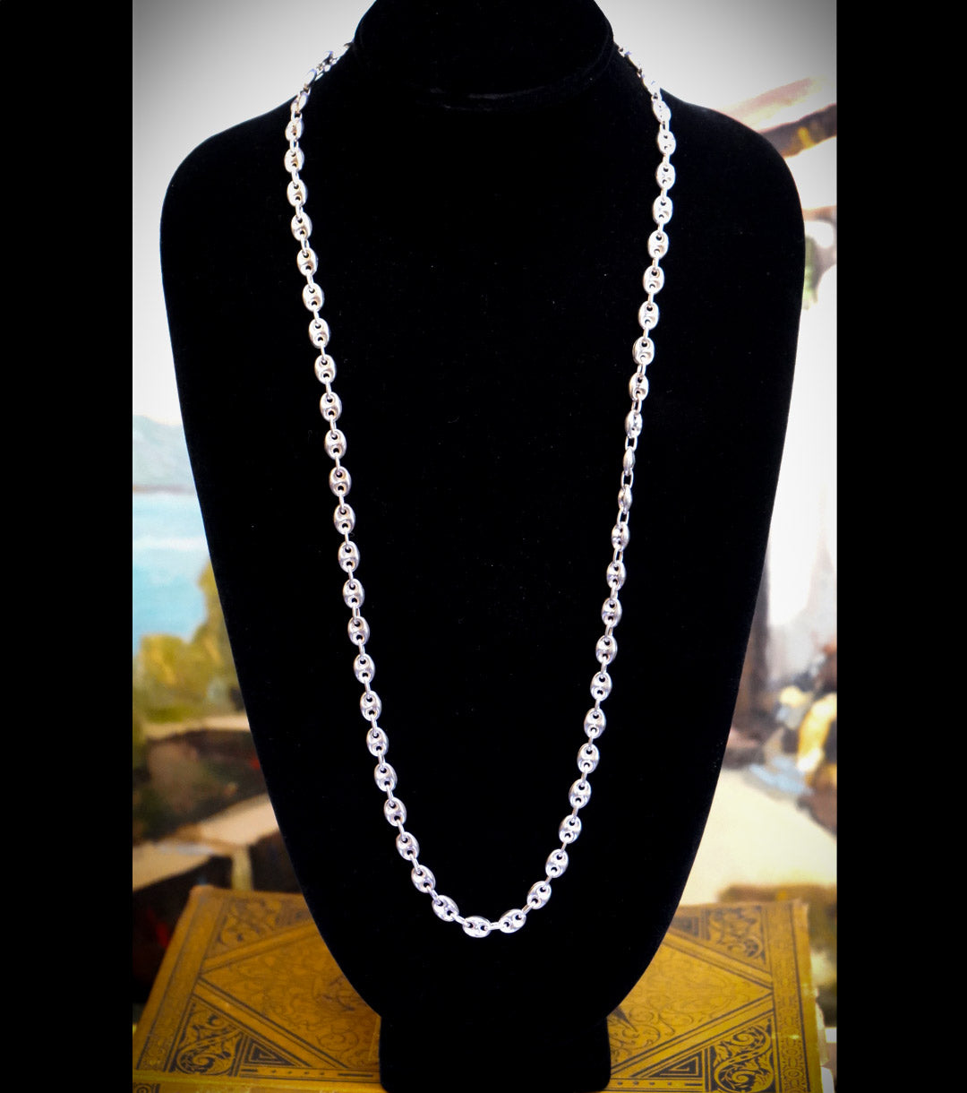 Puffed Anchor Mariner 30" Chain Rhodium Plated Sterling SIlver