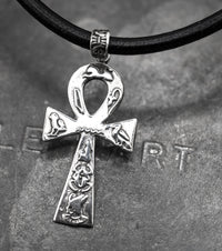 Queen of Egypt Ankh Necklace in 925 Silver and Black Leather