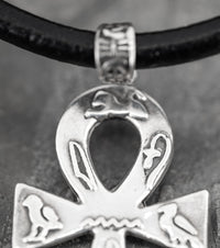 Queen of Egypt Ankh Necklace in 925 Silver and Black Leather