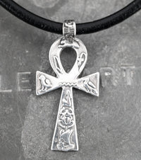 Queen of Egypt Ankh Necklace in 925 Silver and Black Leather