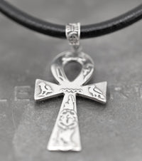 Queen of Egypt Ankh Necklace in 925 Silver and Black Leather