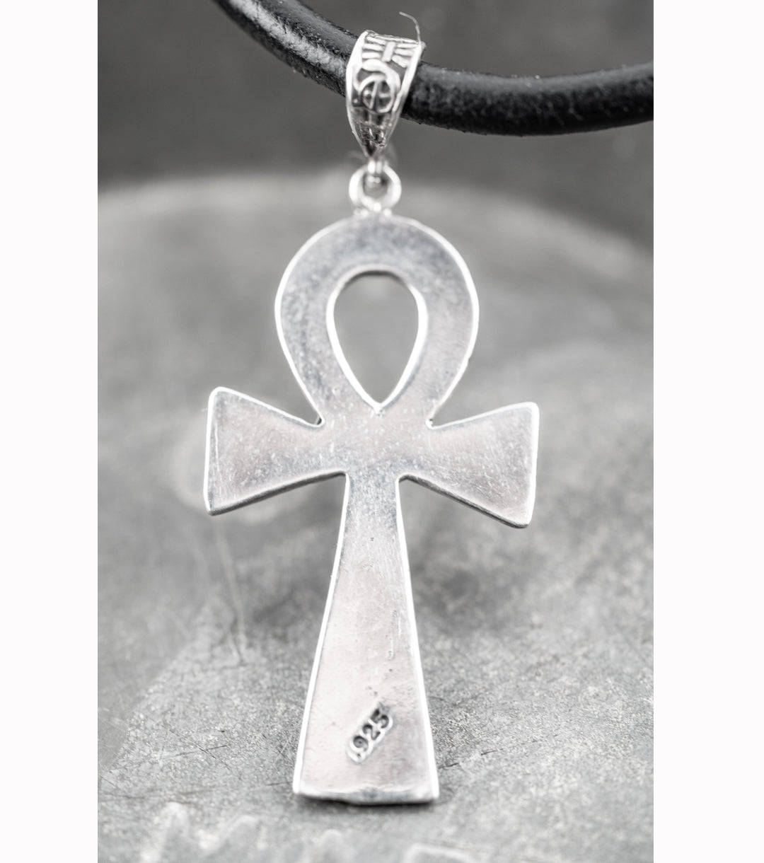 Queen of Egypt Ankh Necklace in 925 Silver and Black Leather