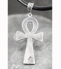 Queen of Egypt Ankh Necklace in 925 Silver and Black Leather