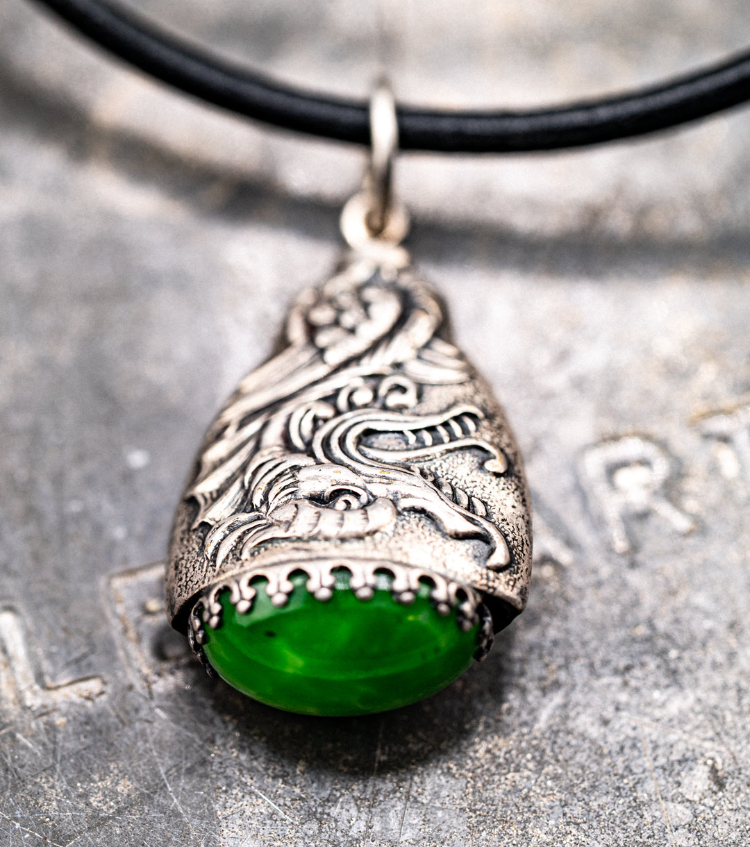Celestial Dragon Jade, 925 Silver & Leather Necklace