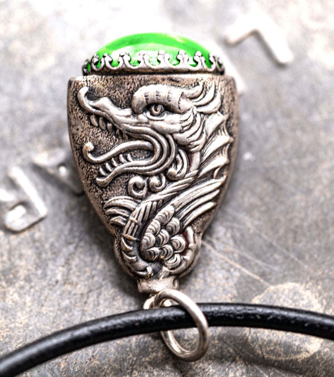 Celestial Dragon Jade, 925 Silver & Leather Necklace