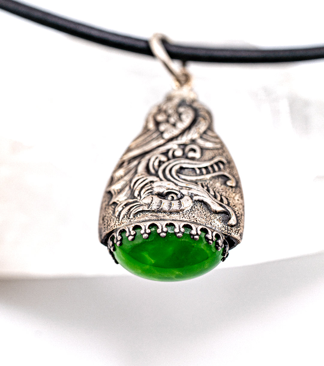 Celestial Dragon Jade, 925 Silver & Leather Necklace