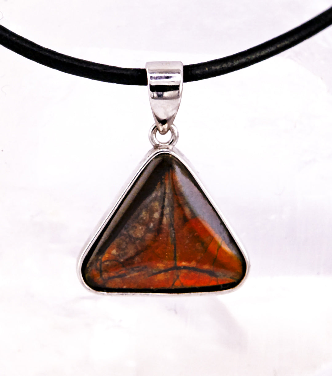 Wizard's Triangle Fossil Ammolite 925 Silver & Leather Necklace