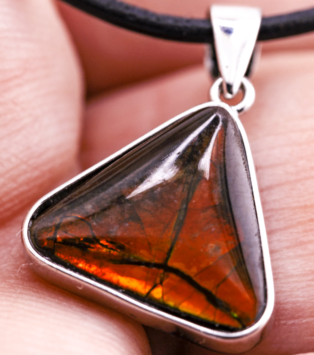 Wizard's Triangle Fossil Ammolite 925 Silver & Leather Necklace