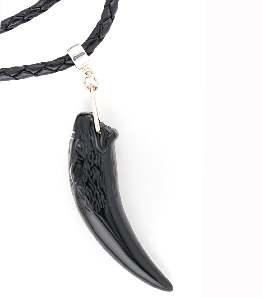 Wolf Fang Necklace in Rainbow Obsidian, 925 Silver & Black Leather