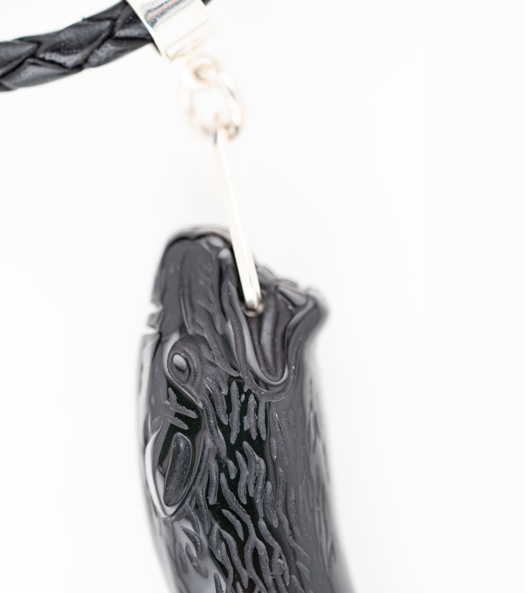 Wolf Fang Necklace in Rainbow Obsidian, 925 Silver & Black Leather