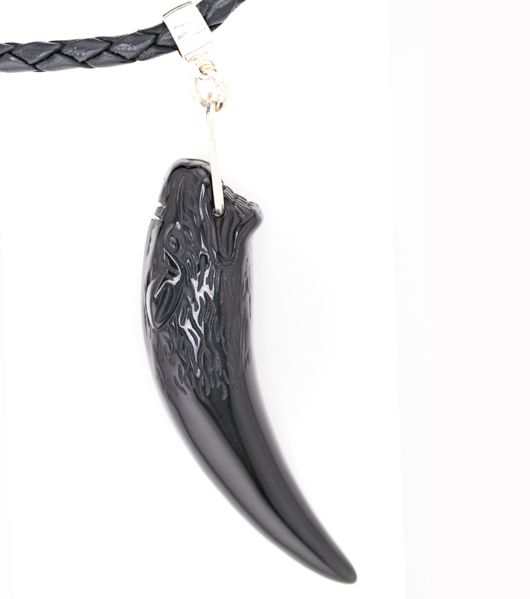 Wolf Fang Necklace in Rainbow Obsidian, 925 Silver & Black Leather