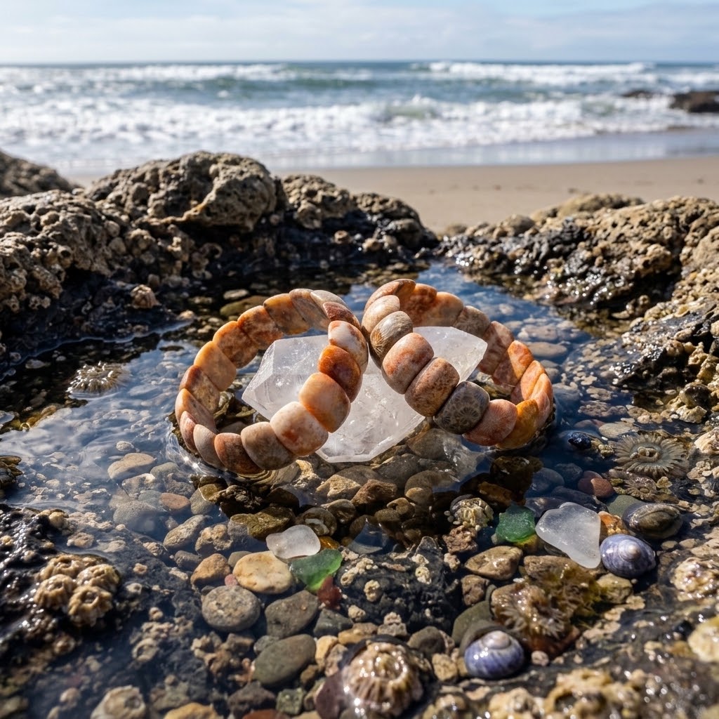 This is an AI generated background with a photo of genuine Moroccan Fossil Coral Bracelets in the foreground
