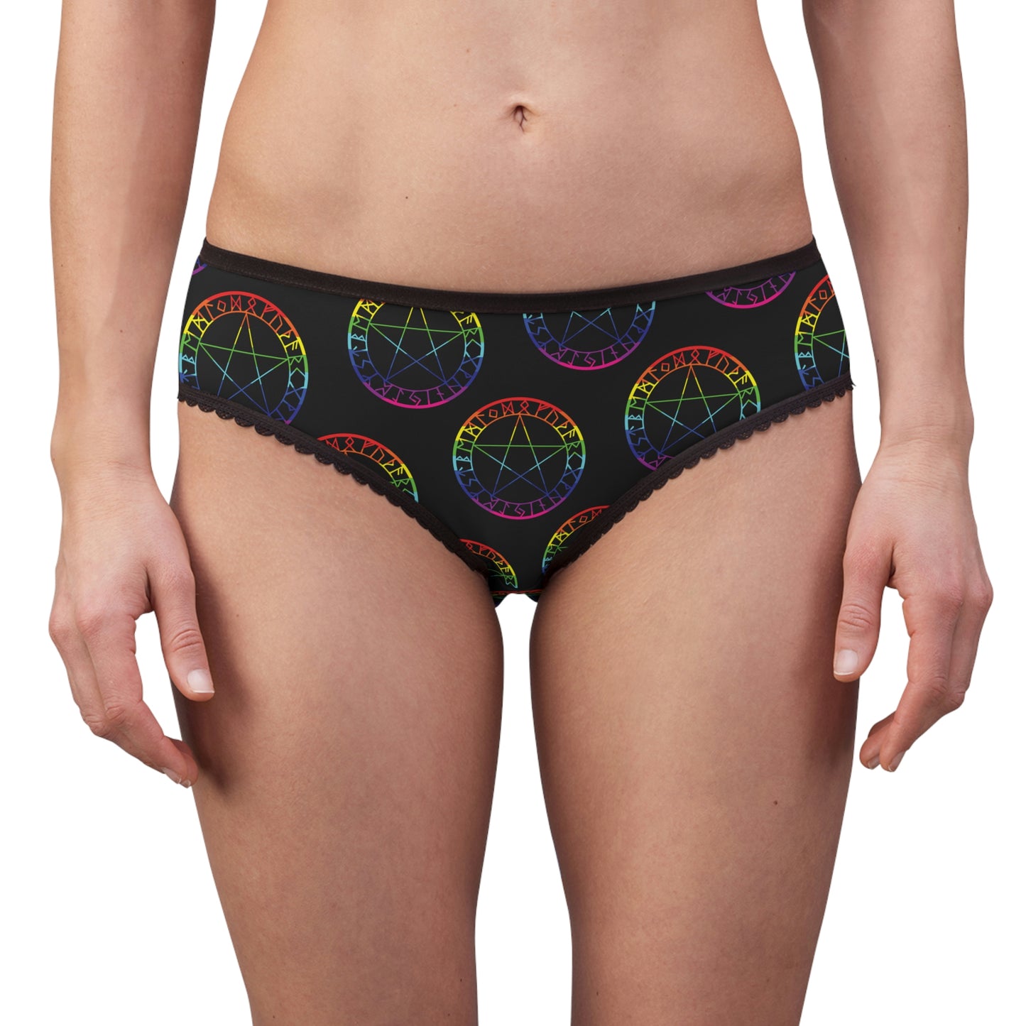 Patti's Power Panties Women's Bikini Briefs - "Witch - Rainbow in the Dark" (model, front view)