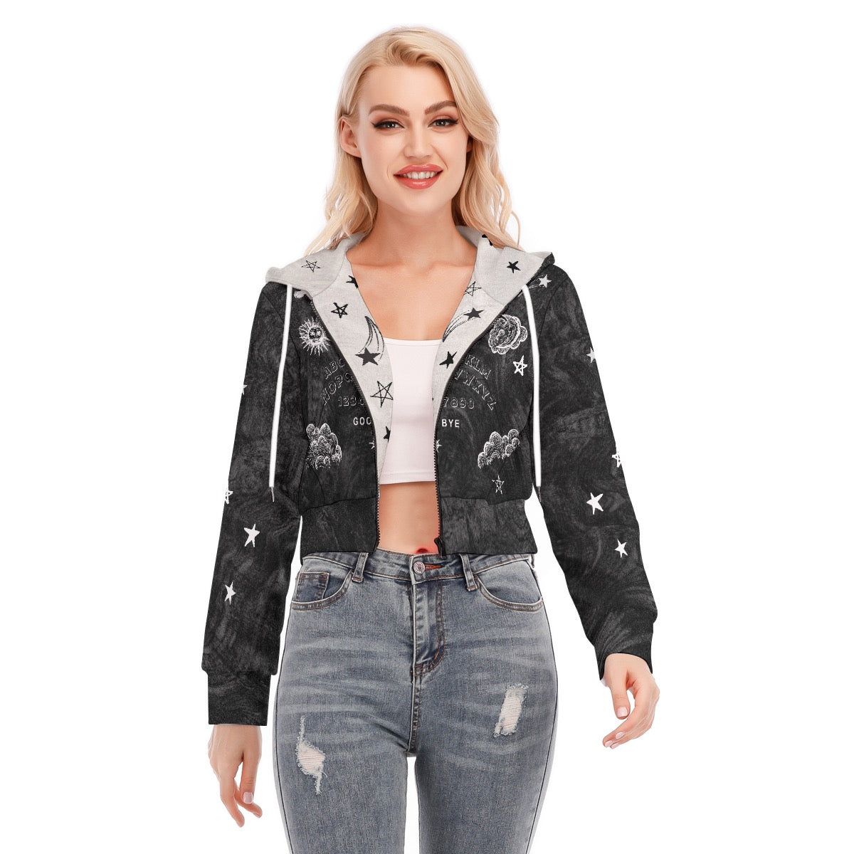 Scared & Alone Spirit Board Full Zip Crop Hoodie