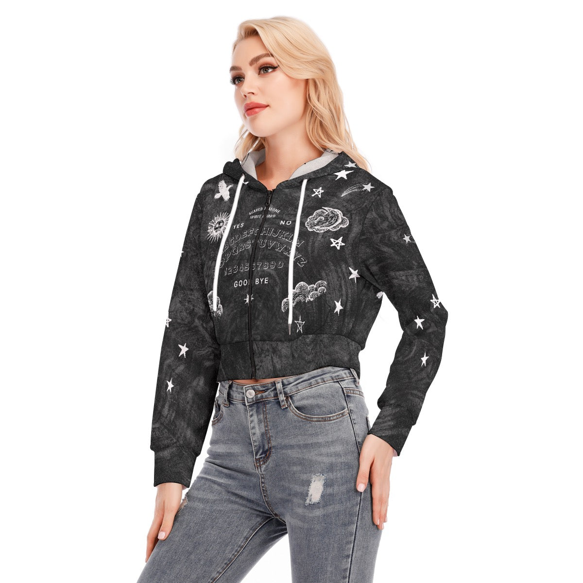 Scared & Alone Spirit Board Full Zip Crop Hoodie