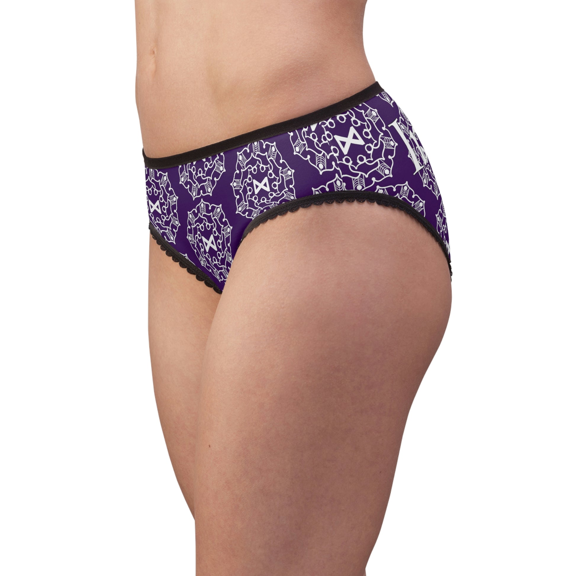 Patti's Power Panties Women's Bikini Brief Panty - "Intuition" with Dagaz sigil in deep purple (Model, side view)