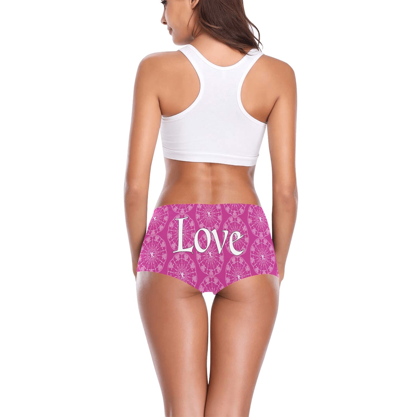 Patti's Power Panties Women's Boyshort Panty "Love" in pink with Wunjo Gebo Bind Rune Sigil on Model  (Back View) 