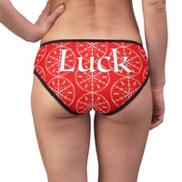 Patti's Power Panties by Patti Negri - "Luck" Women's Bikini Brief Panty with the Luck Bind Rune "Gibu Auja" sigil in Bright Red (Model, back view)