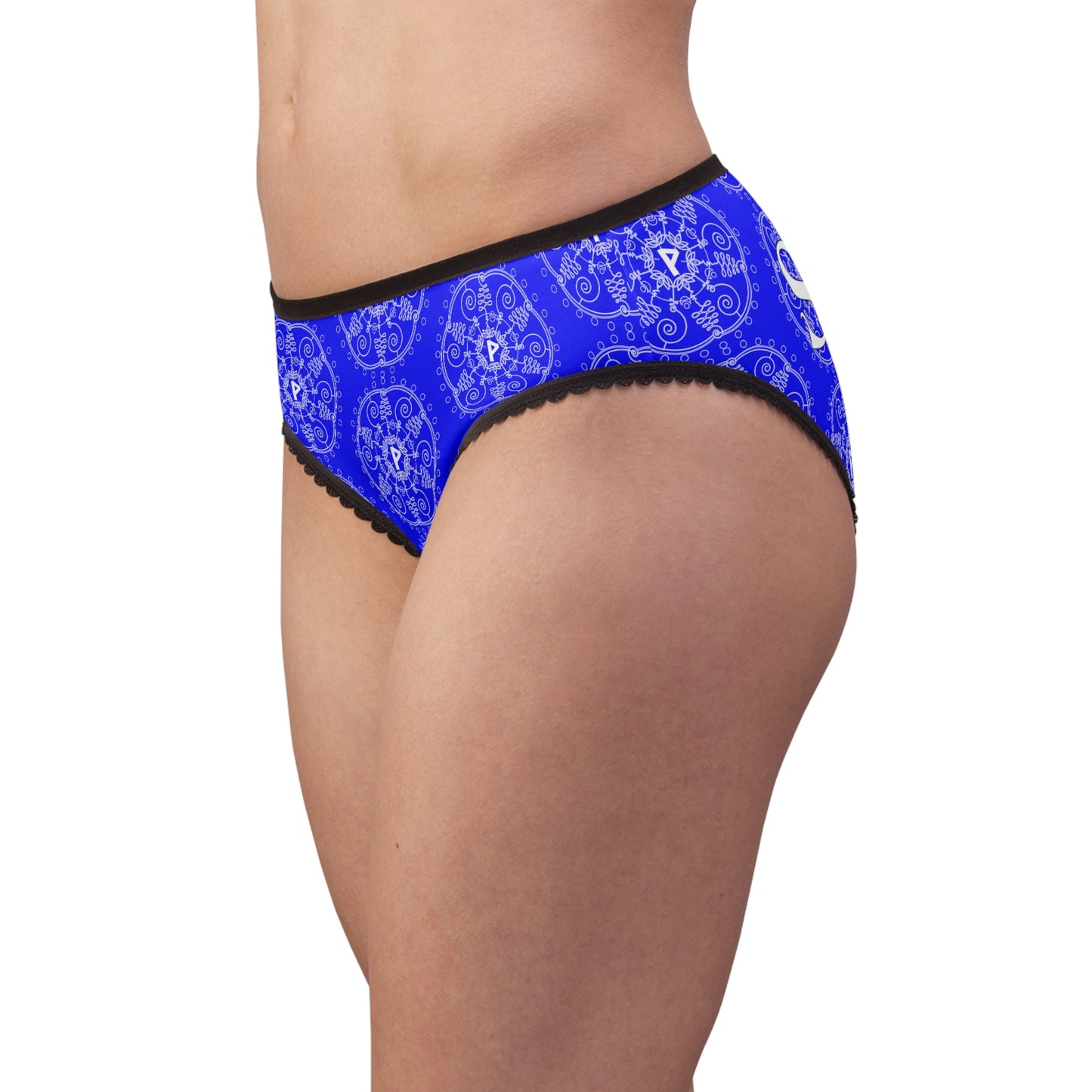 Patti's Power Panties Women's Bikini Brief Panty - "Success" with "Wunjo" sigil in bright blue (Model, side view)