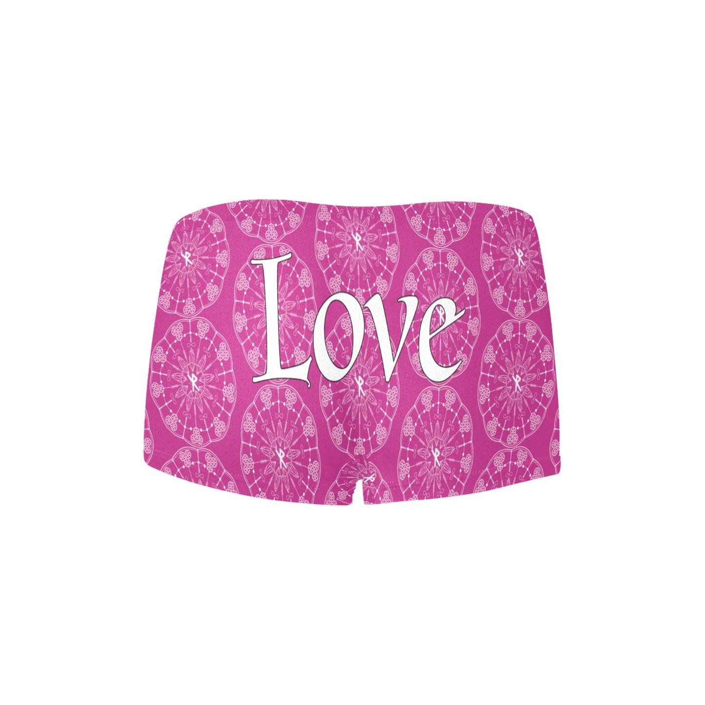 Patti's Power Panties Women's Boyshort Panty "Love" in pink with Wunjo Gebo Bind Rune Sigil  (Back View) 