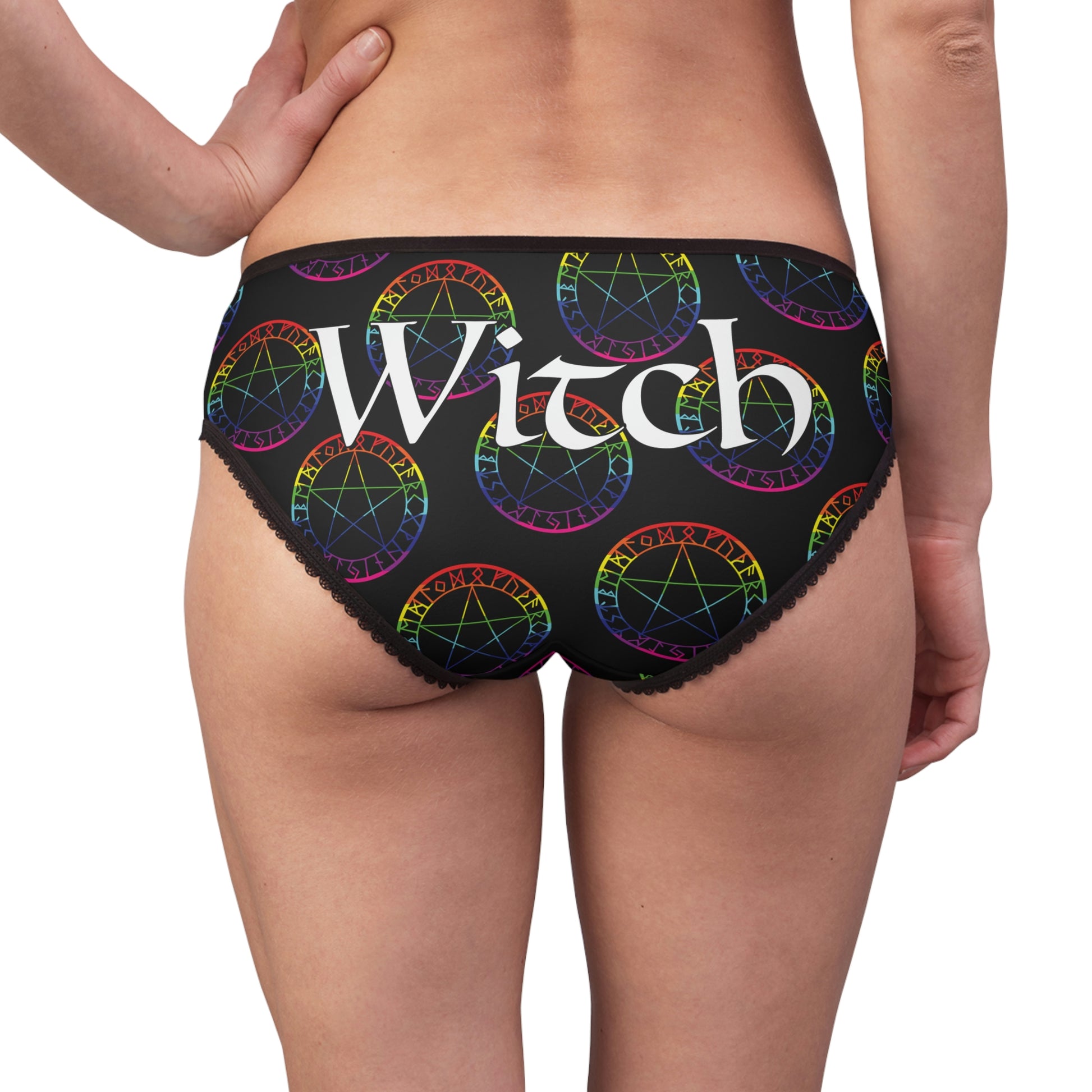 Patti's Power Panties Women's Bikini Briefs - "Witch - Rainbow in the Dark" (model, back view)