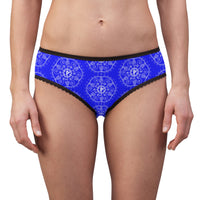 Patti's Power Panties Women's Bikini Brief Panty - "Success" with "Wunjo" sigil in bright blue (Model, front view)
