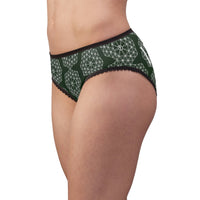 Patti's Power Panties Women's Bikini Brief Panty - "Wealth" with "Fehu" sigil in deep green (Model, side view)