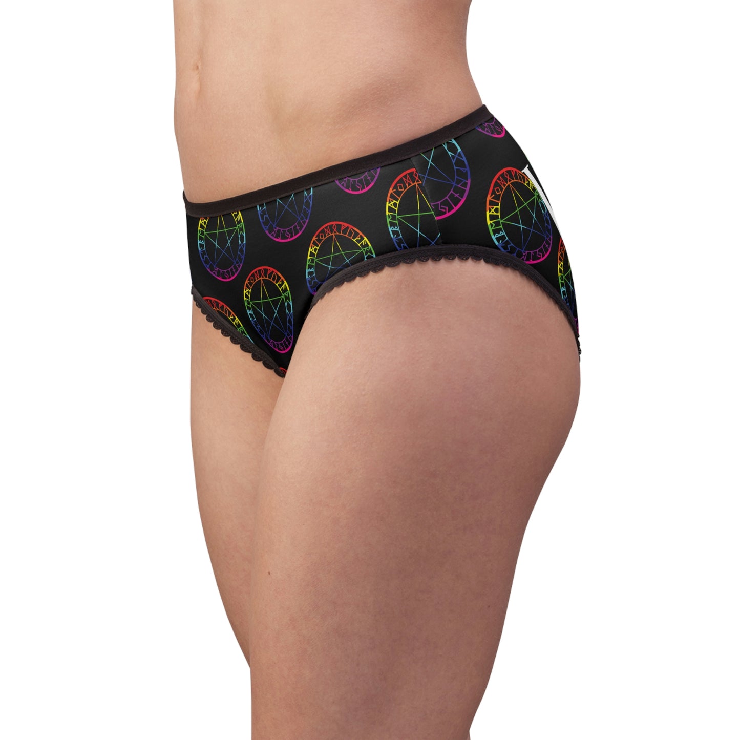 Patti's Power Panties Women's Bikini Briefs - "Witch - Rainbow in the Dark" (model, side view)