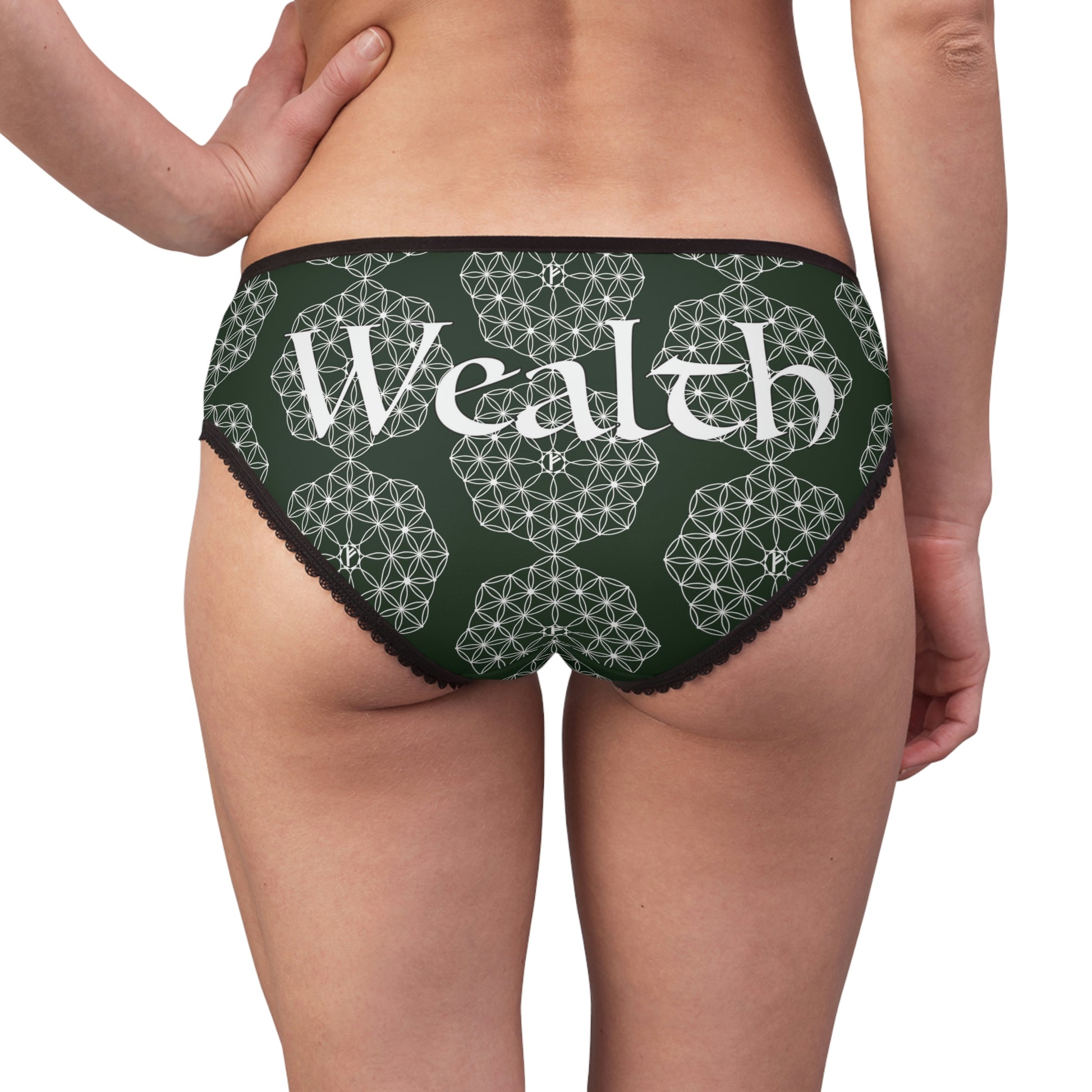Patti's Power Panties Women's Bikini Brief Panty - "Wealth" with "Fehu" sigil in deep green (Model, back view)