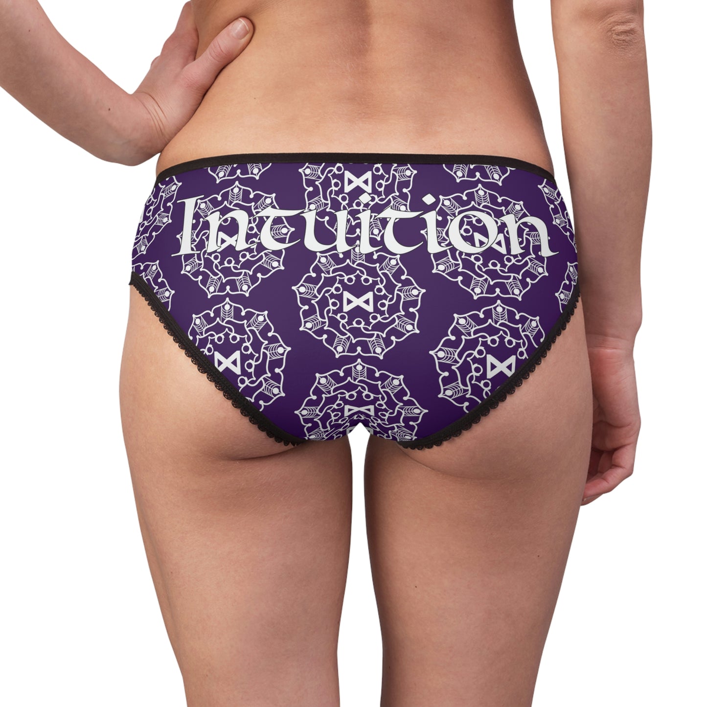 Patti's Power Panties Women's Bikini Brief Panty - "Intuition" with Dagaz sigil in deep purple (Model, back view)